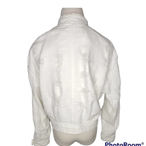 Free People Distressed Denim Bomber Motto Mockneck Deconstructed Lightweight Jac