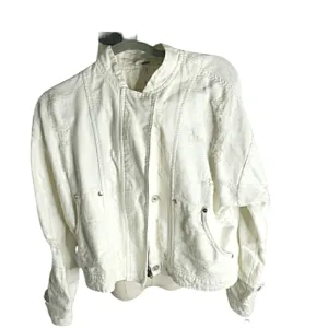 Free People Distressed Denim Bomber Motto Mockneck Deconstructed Lightweight Jac