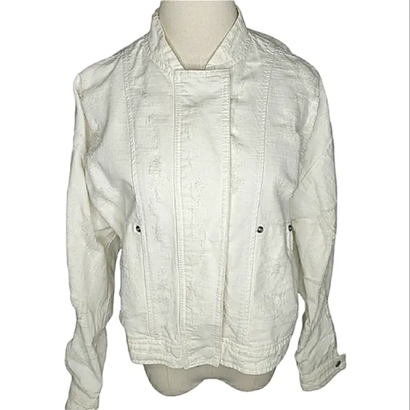Free People Distressed Denim Bomber Motto Mockneck Deconstructed Lightweight Jac