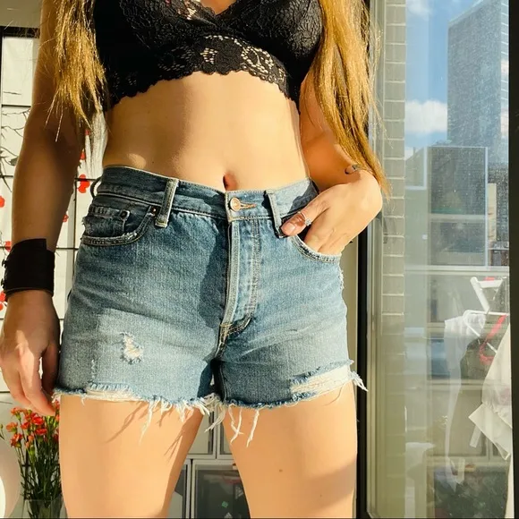 Free People Distressed High Waisted Button Up Fly Blue High Waisted Shorts 28