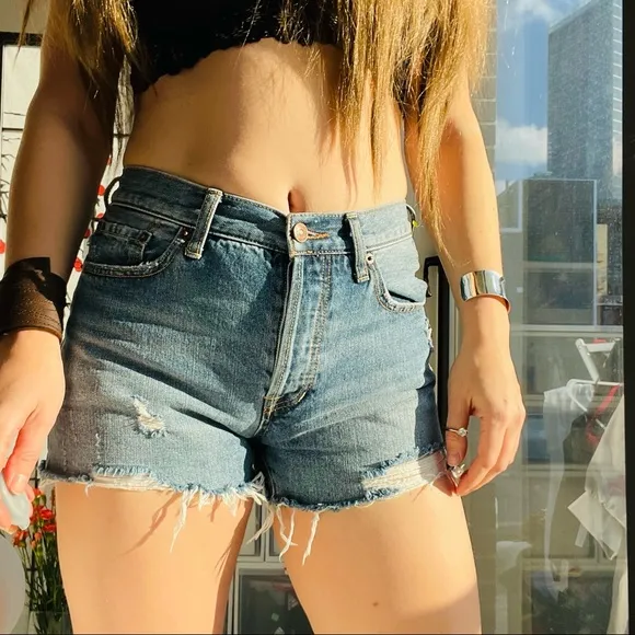 Free People Distressed High Waisted Button Up Fly Blue High Waisted Shorts 28