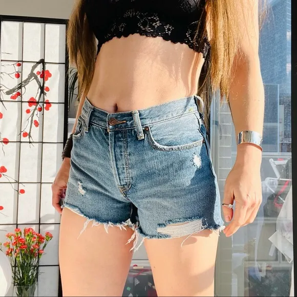 Free People Distressed High Waisted Button Up Fly Blue High Waisted Shorts 28