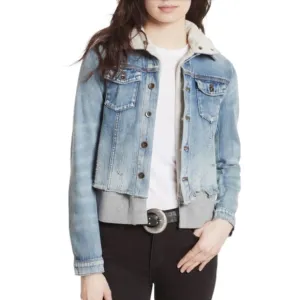 FREE PEOPLE Double Weave Denim Jacket, Distressed Denim &amp; Grey Hoodie, Small