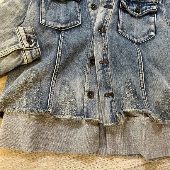 FREE PEOPLE Double Weave Denim Jacket, Distressed Denim &amp; Grey Hoodie, Small