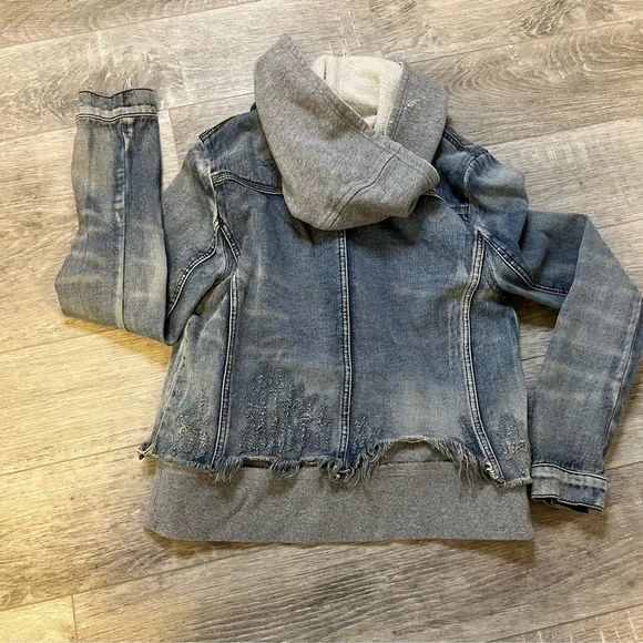 FREE PEOPLE Double Weave Denim Jacket, Distressed Denim &amp; Grey Hoodie, Small