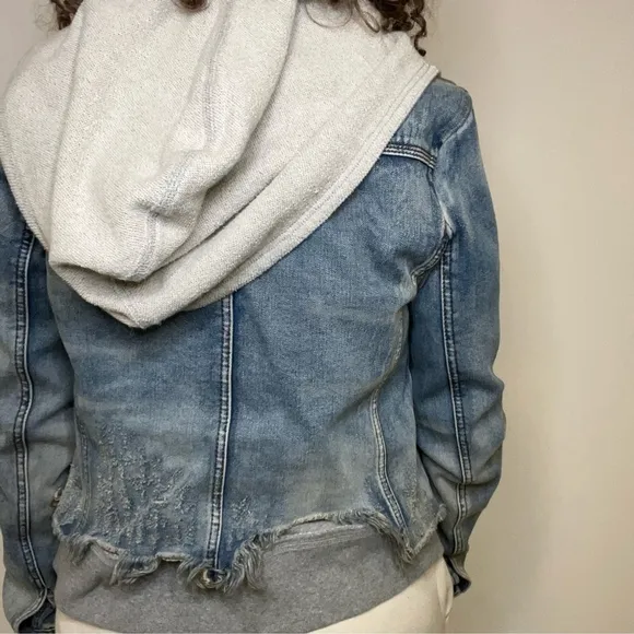 FREE PEOPLE Double Weave Denim Jacket, Distressed Denim &amp; Grey Hoodie, Small
