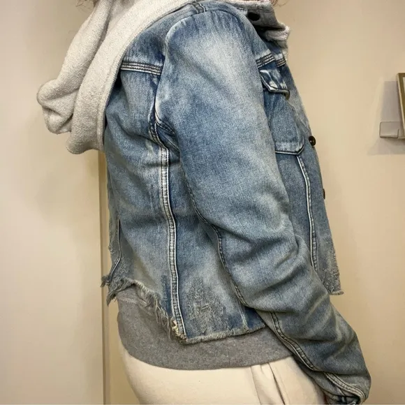 FREE PEOPLE Double Weave Denim Jacket, Distressed Denim &amp; Grey Hoodie, Small