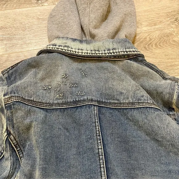 FREE PEOPLE Double Weave Denim Jacket, Distressed Denim &amp; Grey Hoodie, Small