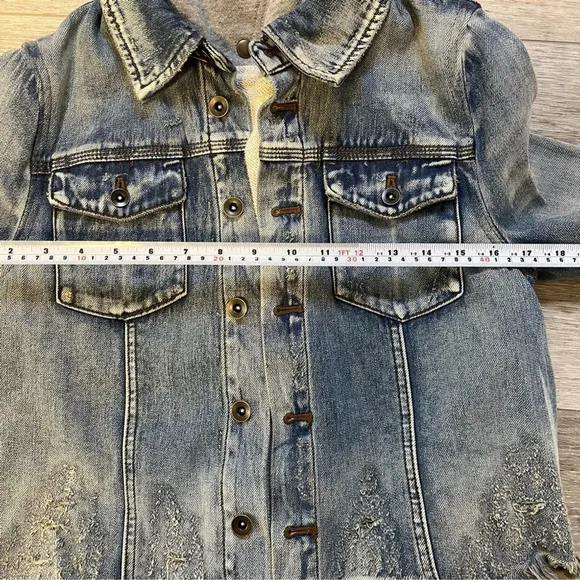 FREE PEOPLE Double Weave Denim Jacket, Distressed Denim &amp; Grey Hoodie, Small