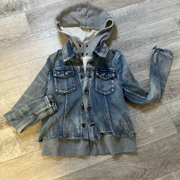 FREE PEOPLE Double Weave Denim Jacket, Distressed Denim &amp; Grey Hoodie, Small