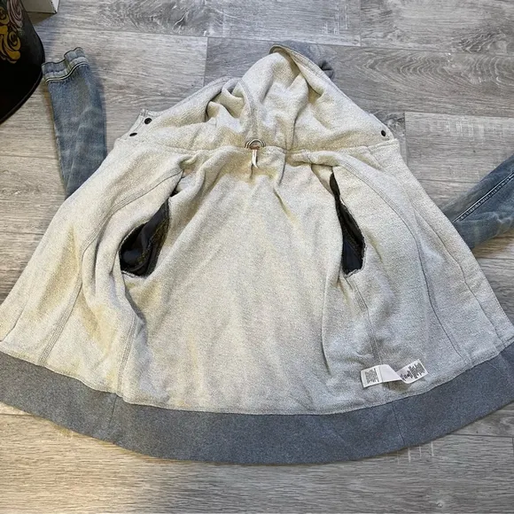 FREE PEOPLE Double Weave Denim Jacket, Distressed Denim &amp; Grey Hoodie, Small