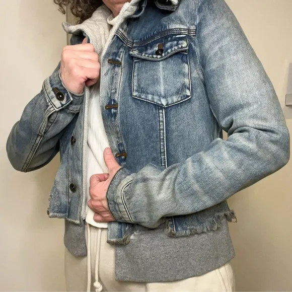 FREE PEOPLE Double Weave Denim Jacket, Distressed Denim &amp; Grey Hoodie, Small