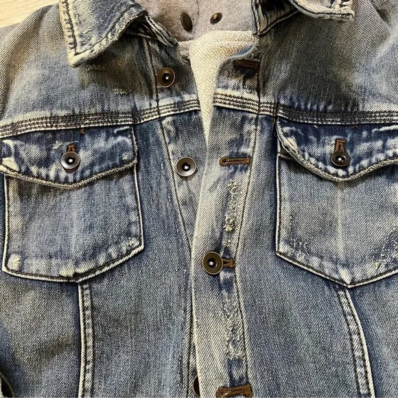 FREE PEOPLE Double Weave Denim Jacket, Distressed Denim &amp; Grey Hoodie, Small