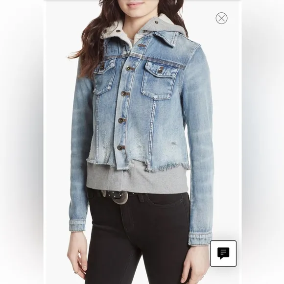 FREE PEOPLE Double Weave Denim Jacket, Distressed Denim &amp; Grey Hoodie, Small