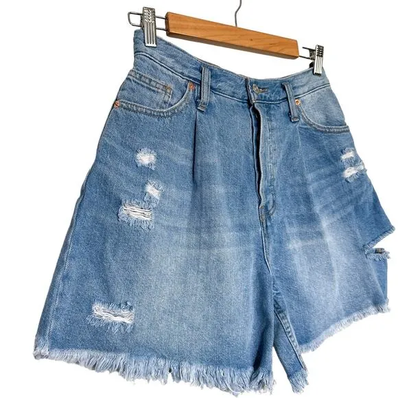 Free People x We The Free Cut Cotton Denim Button Fly Frayed Jean Shorts Blue 26