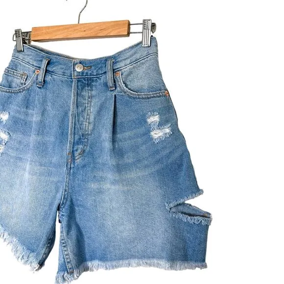 Free People x We The Free Cut Cotton Denim Button Fly Frayed Jean Shorts Blue 26