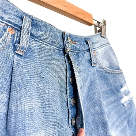 Free People x We The Free Cut Cotton Denim Button Fly Frayed Jean Shorts Blue 26