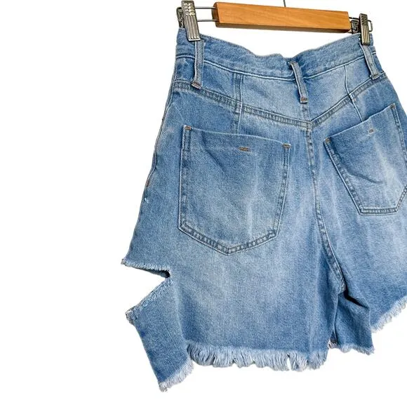 Free People x We The Free Cut Cotton Denim Button Fly Frayed Jean Shorts Blue 26