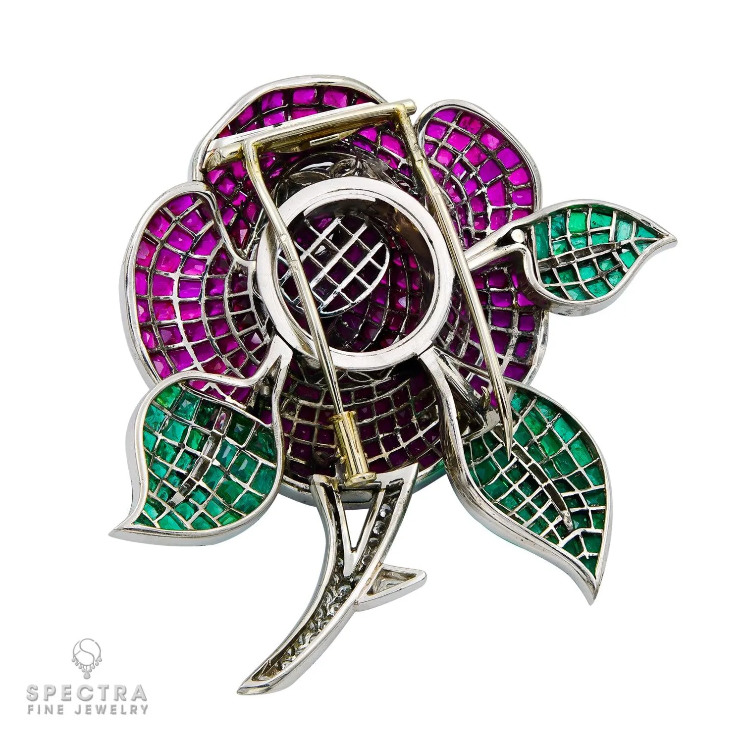 French Mystery-Set Ruby, Emerald & Diamond Flower Brooch