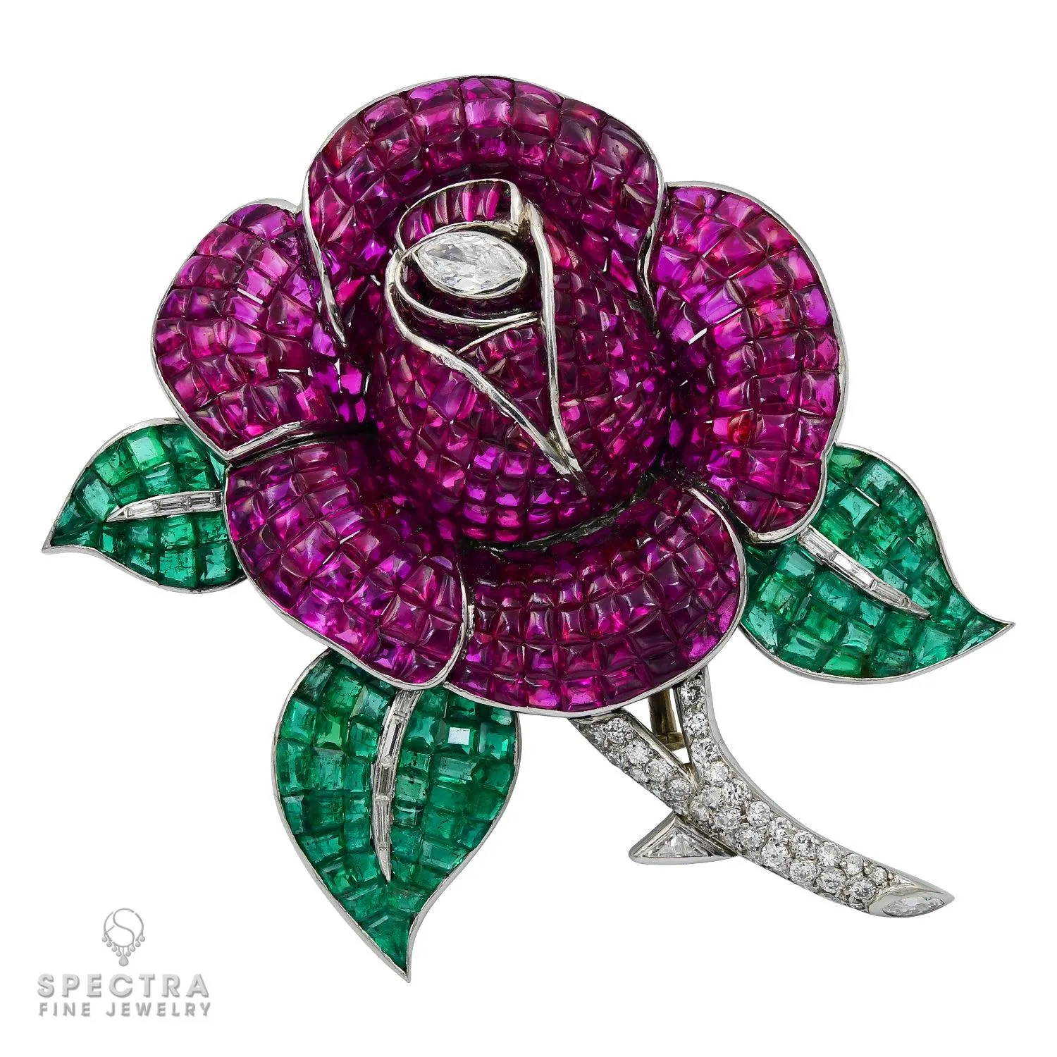 French Mystery-Set Ruby, Emerald & Diamond Flower Brooch