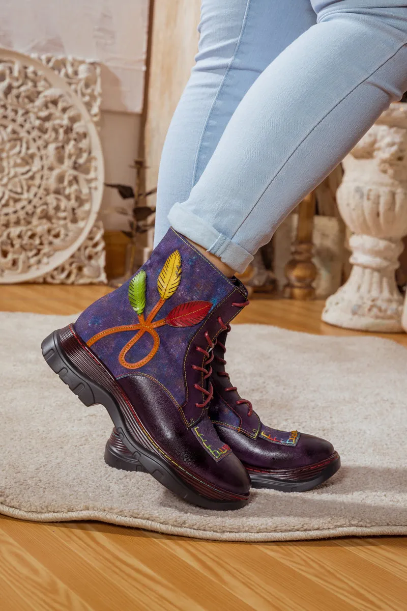 Galaxy Leaf Applique Leather Canvas Combat Boot