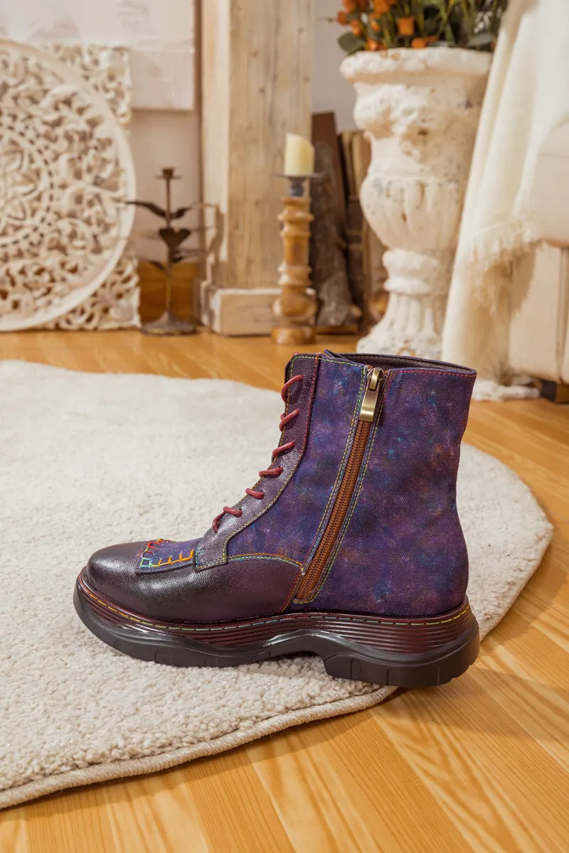 Galaxy Leaf Applique Leather Canvas Combat Boot