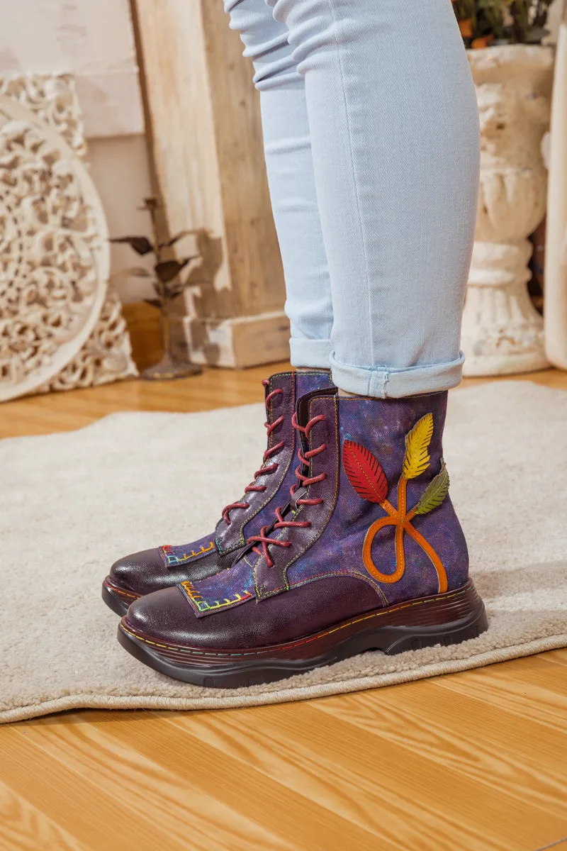 Galaxy Leaf Applique Leather Canvas Combat Boot