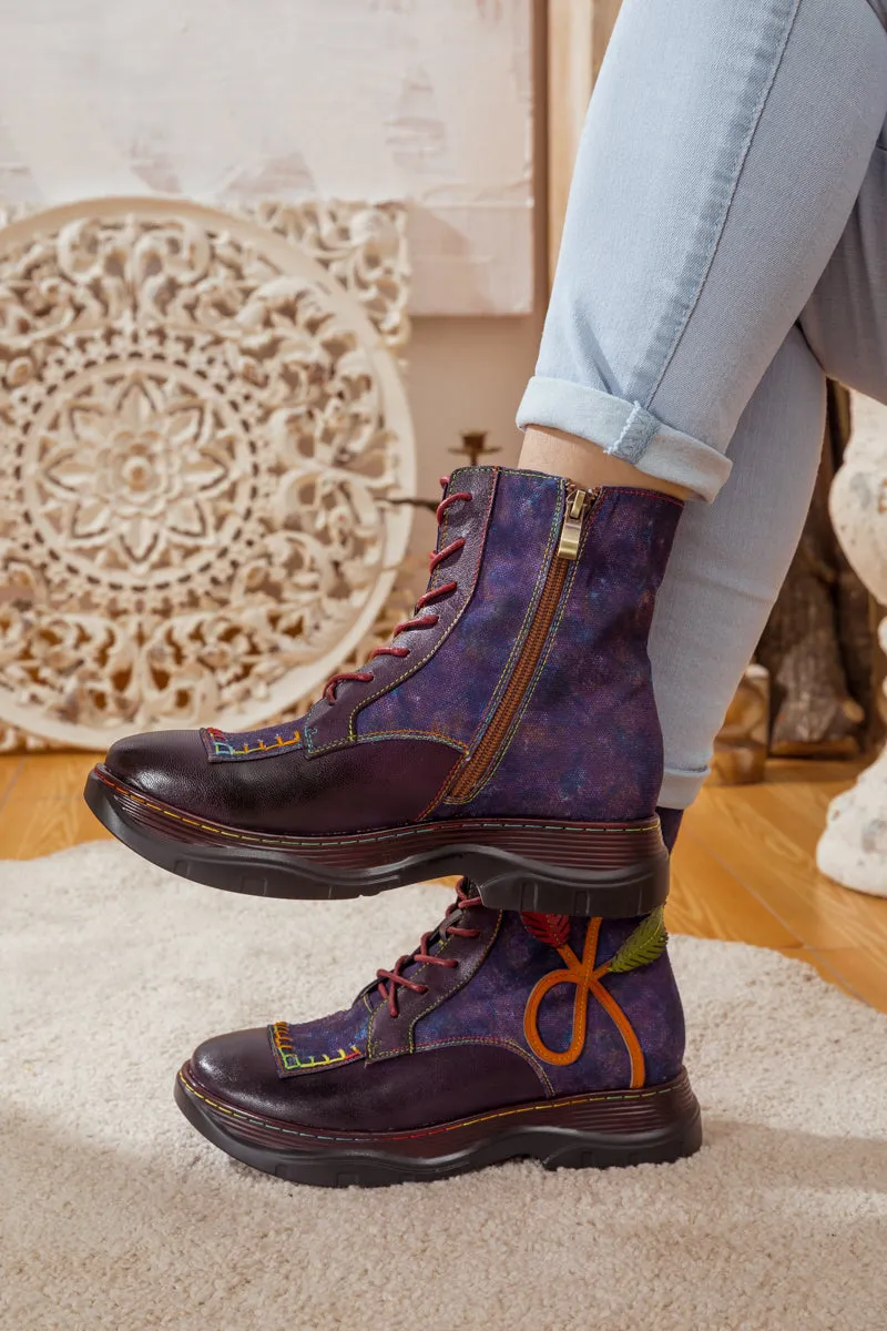 Galaxy Leaf Applique Leather Canvas Combat Boot