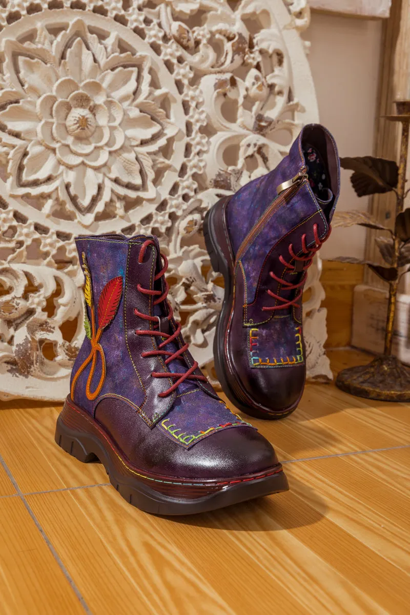 Galaxy Leaf Applique Leather Canvas Combat Boot