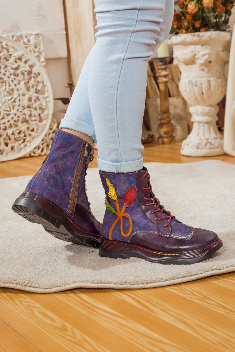 Galaxy Leaf Applique Leather Canvas Combat Boot