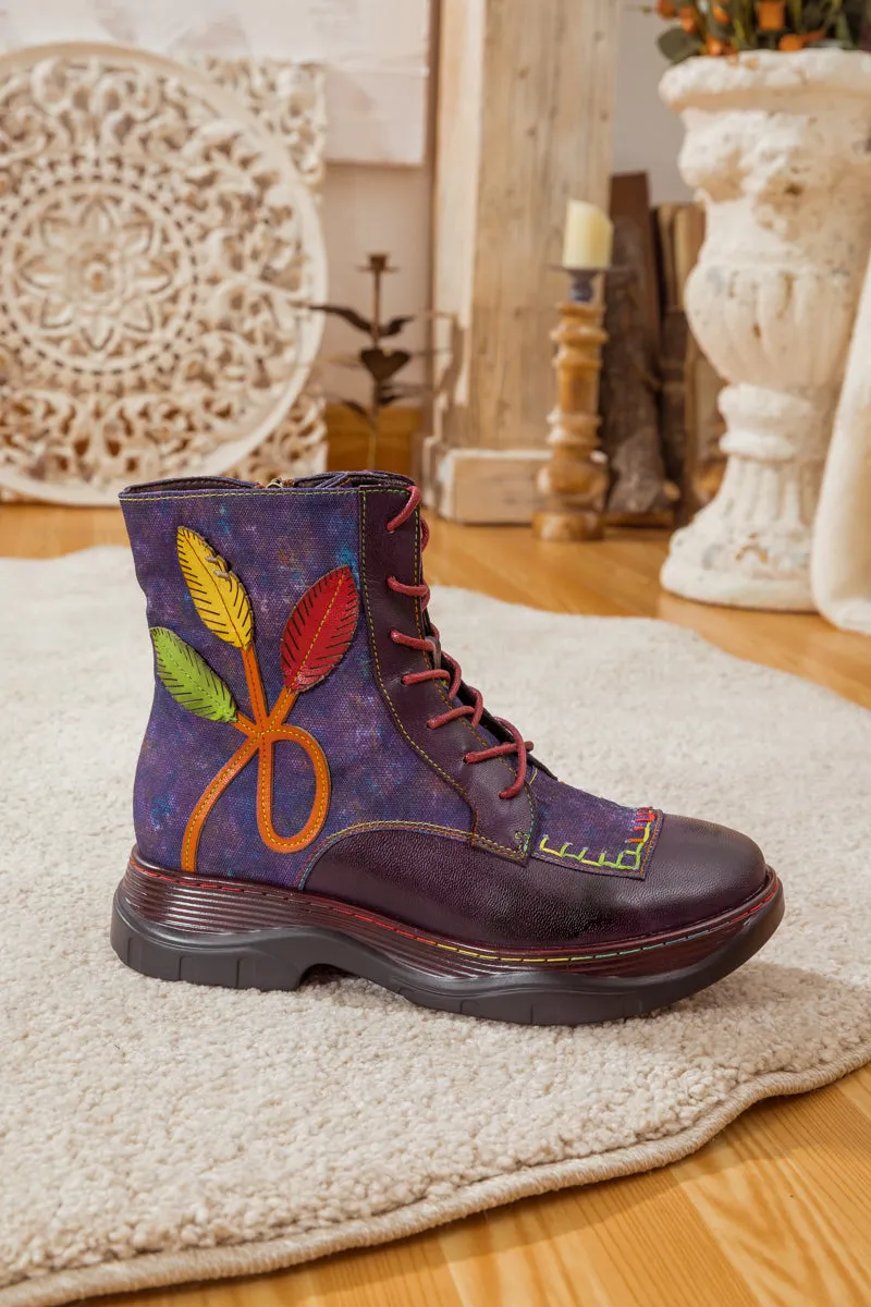 Galaxy Leaf Applique Leather Canvas Combat Boot