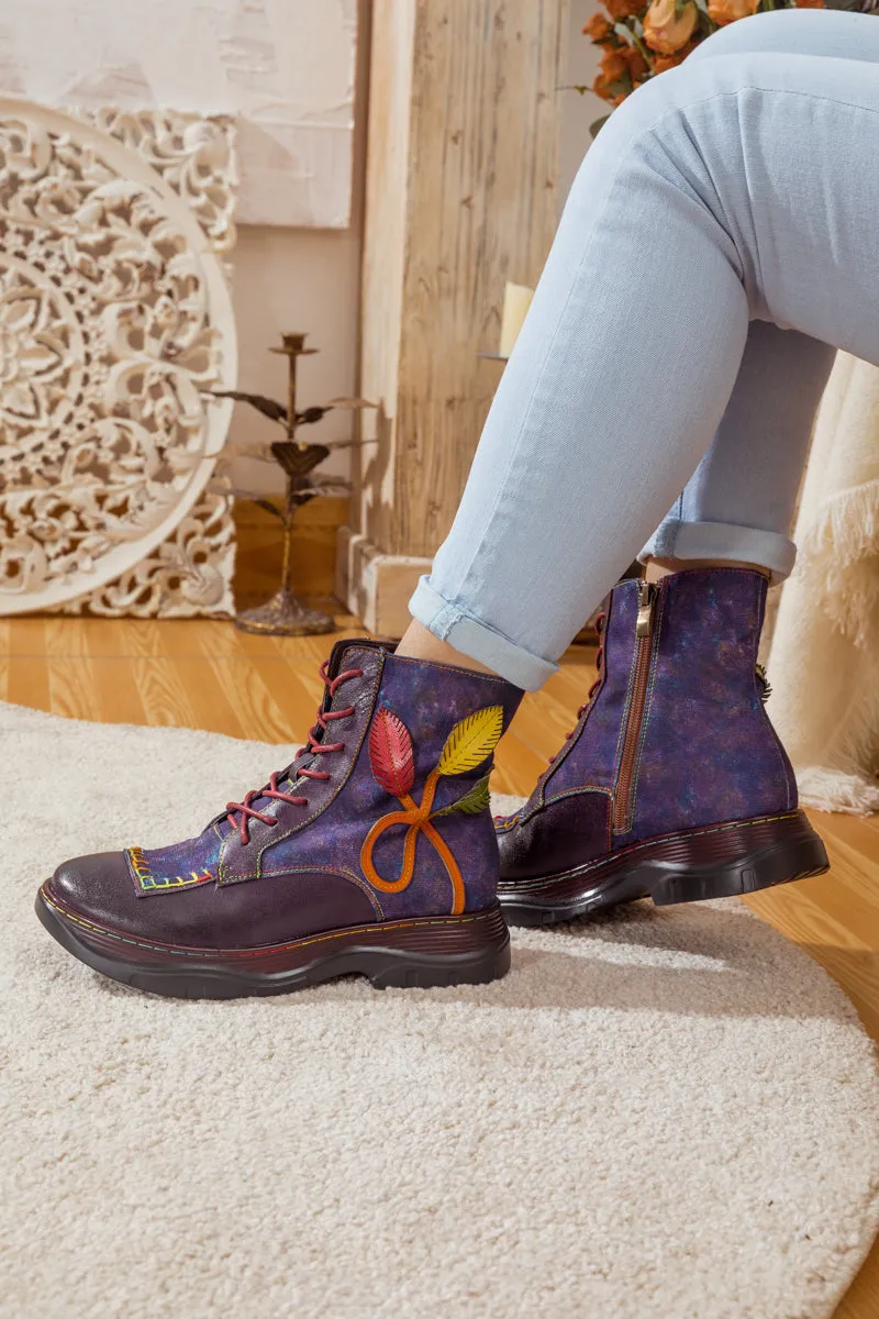 Galaxy Leaf Applique Leather Canvas Combat Boot
