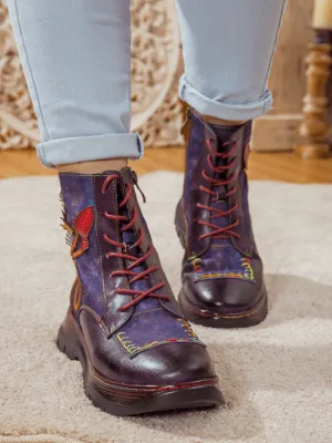 Galaxy Leaf Applique Leather Canvas Combat Boot