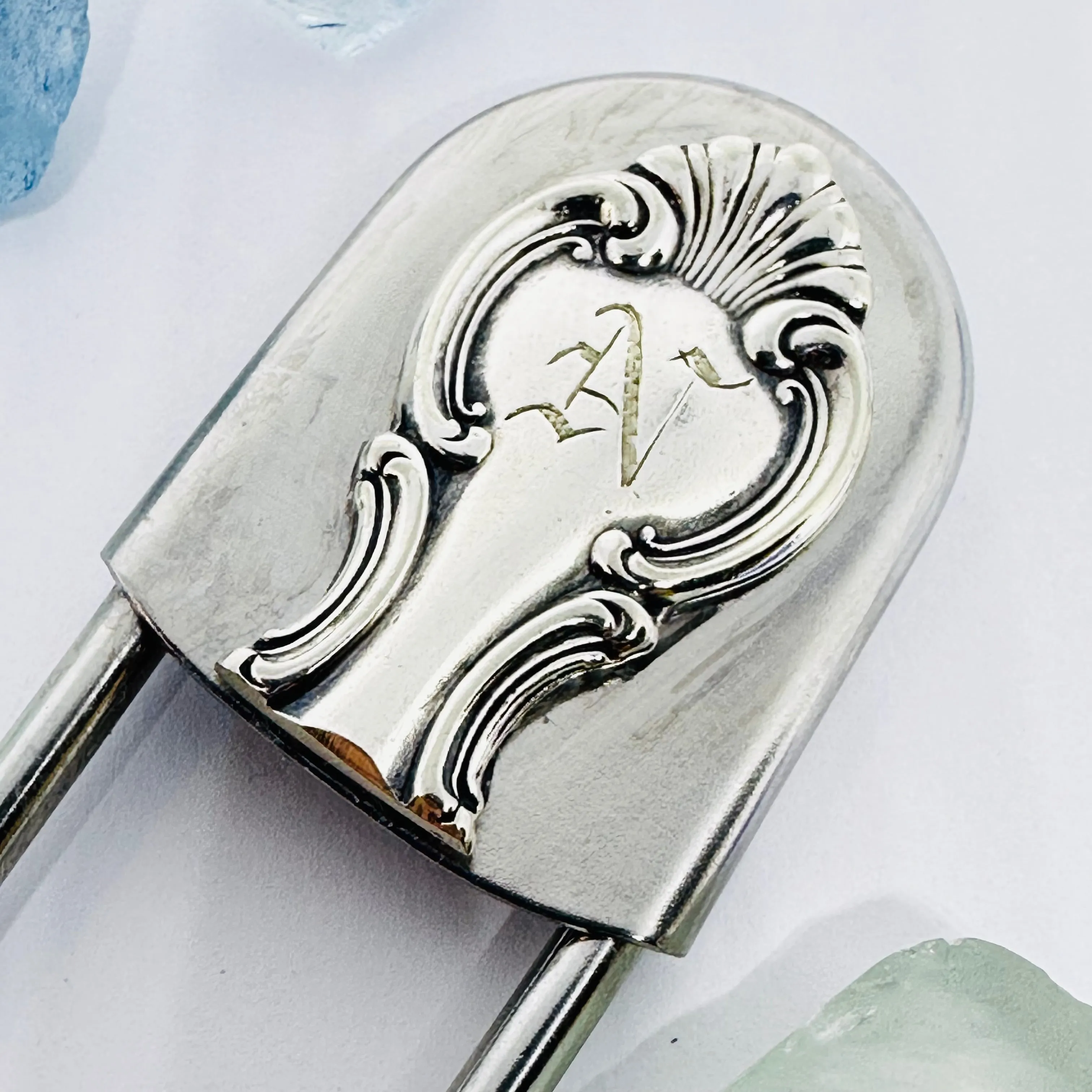 Giant Vintage Silverware Adorned Safety Pin | Key Ring | Kilt Brooch | Horse Blanket | Silver Embellishments | New Driver | Purse Belt