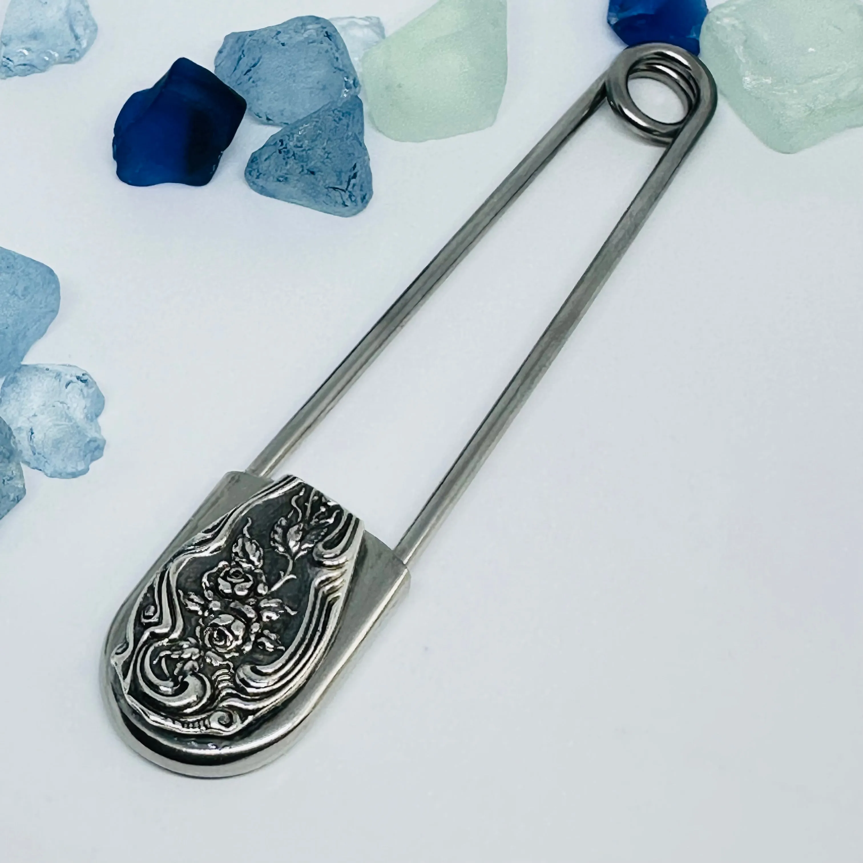 Giant Vintage Silverware Adorned Safety Pin | Key Ring | Kilt Brooch | Horse Blanket | Silver Embellishments | New Driver | Purse Belt