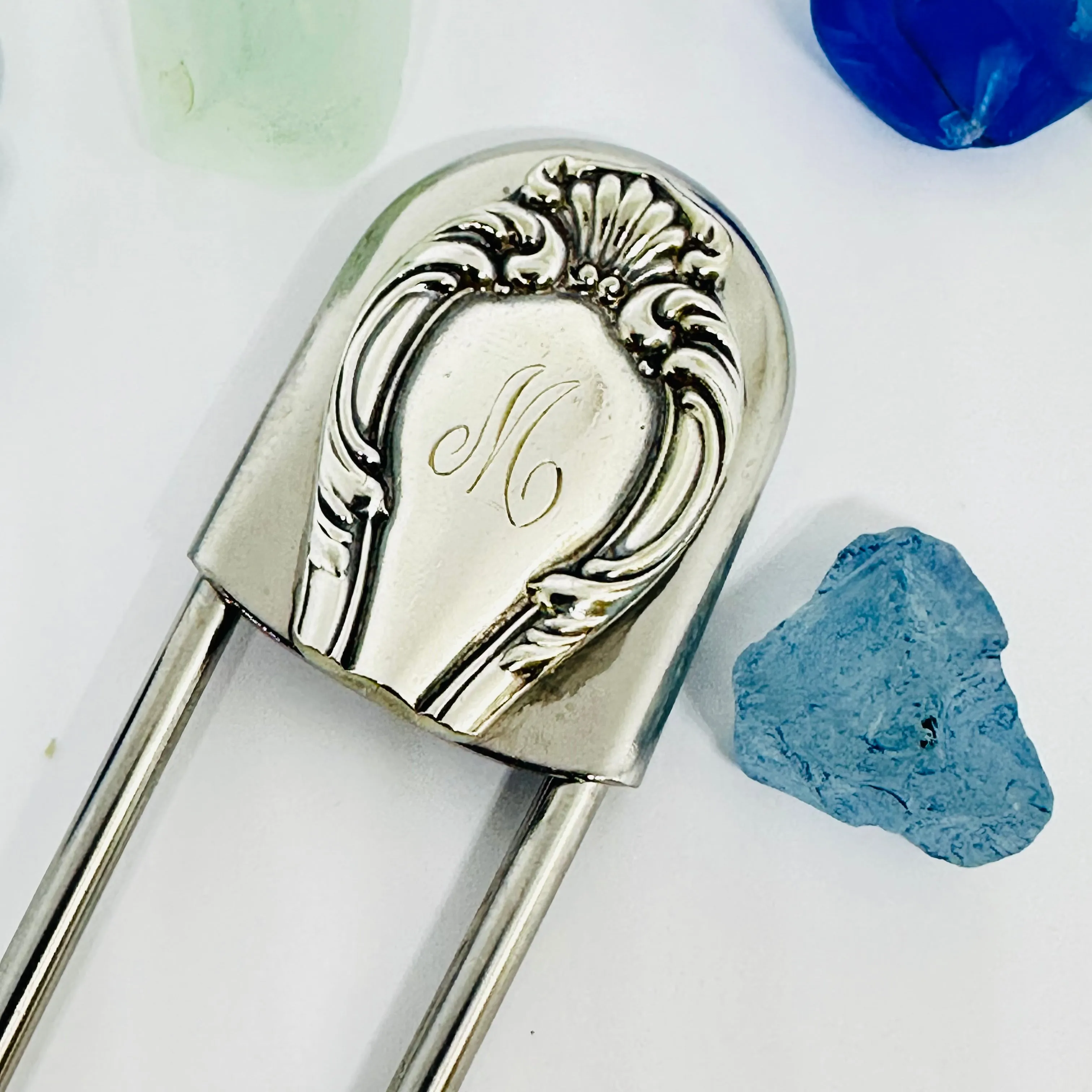 Giant Vintage Silverware Adorned Safety Pin | Key Ring | Kilt Brooch | Horse Blanket | Silver Embellishments | New Driver | Purse Belt