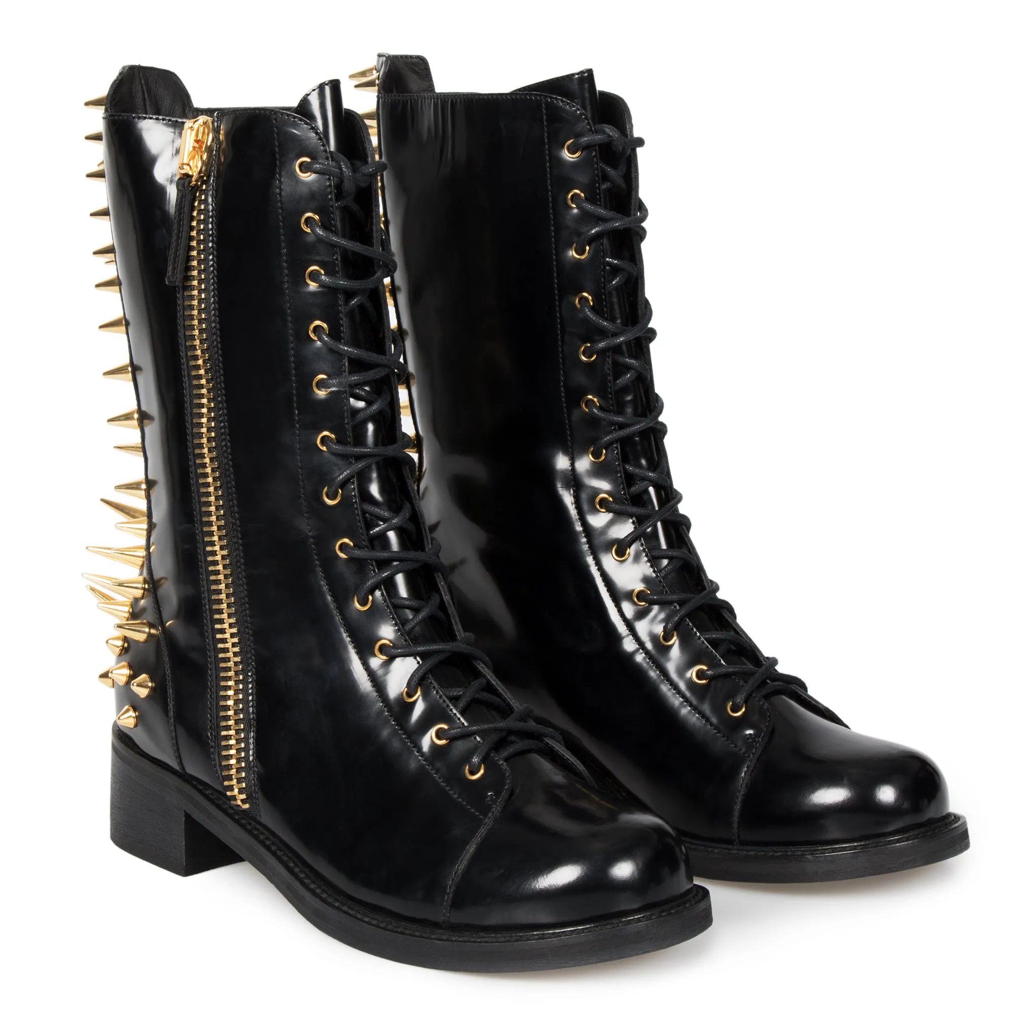 Giuseppe Zanotti Blok Spiked Military Black Patent Leather Boots