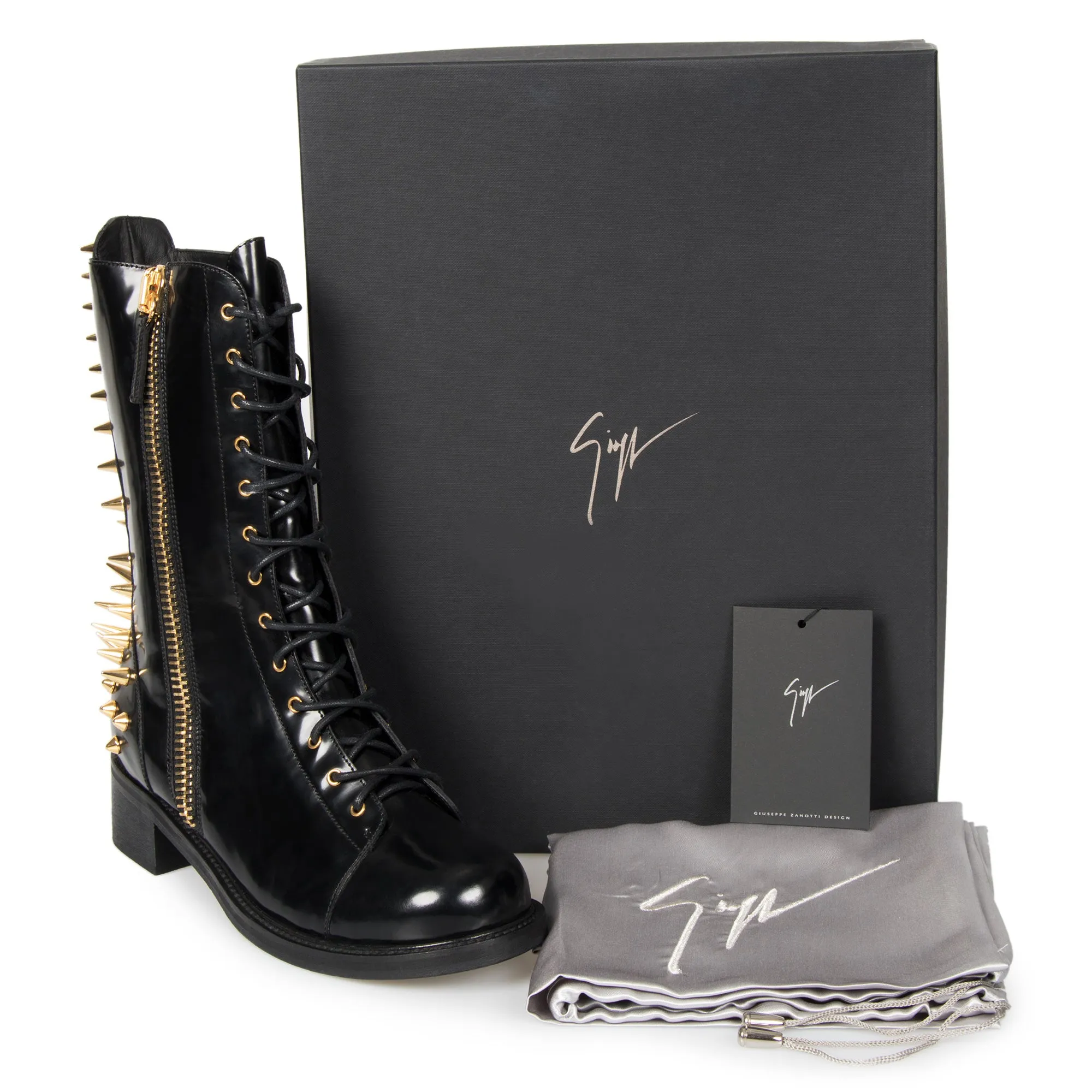 Giuseppe Zanotti Blok Spiked Military Black Patent Leather Boots