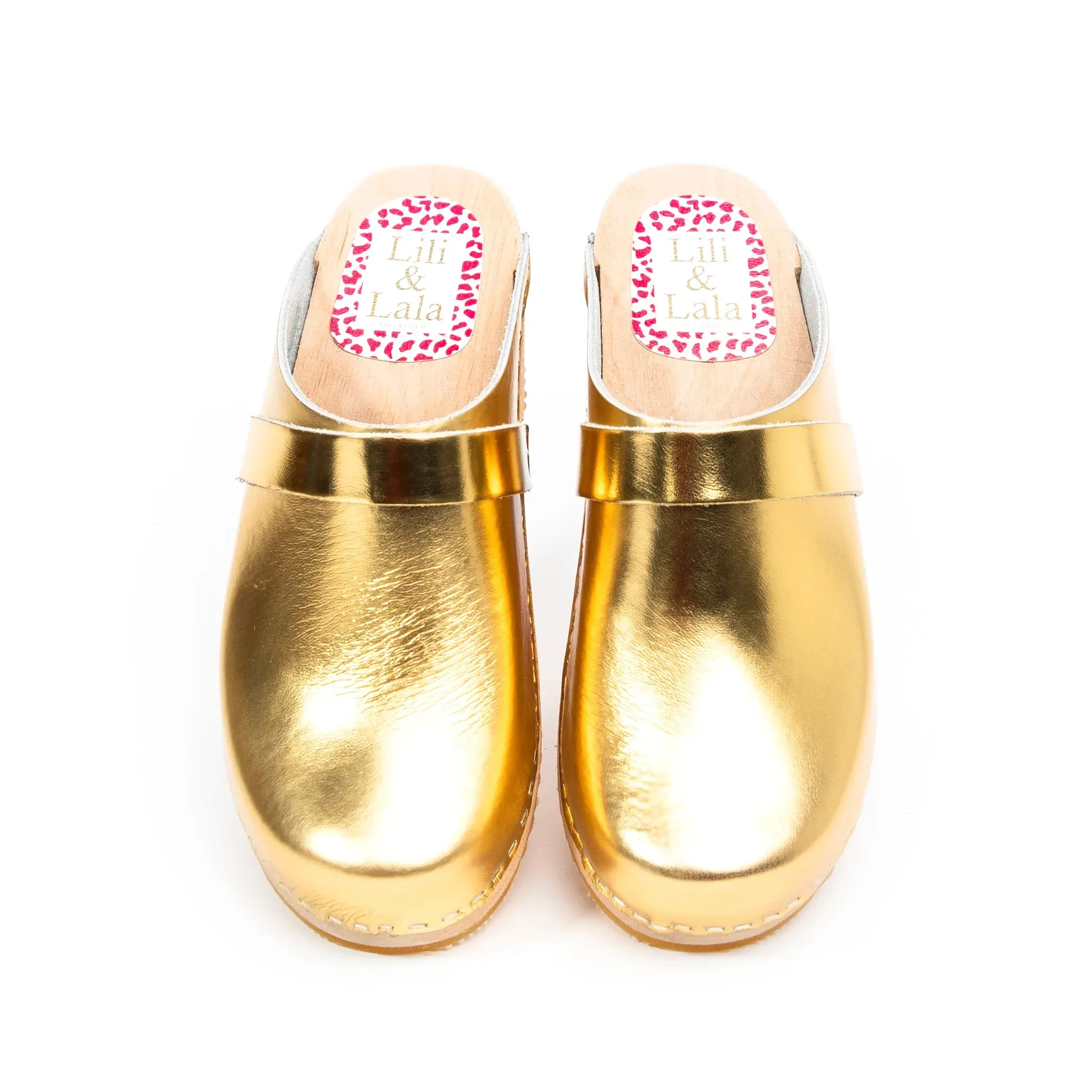 Gold Leather & Wood Handmade Clogs