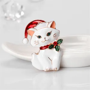 Green Cubic Zirconia & White Enamel Cat Brooch