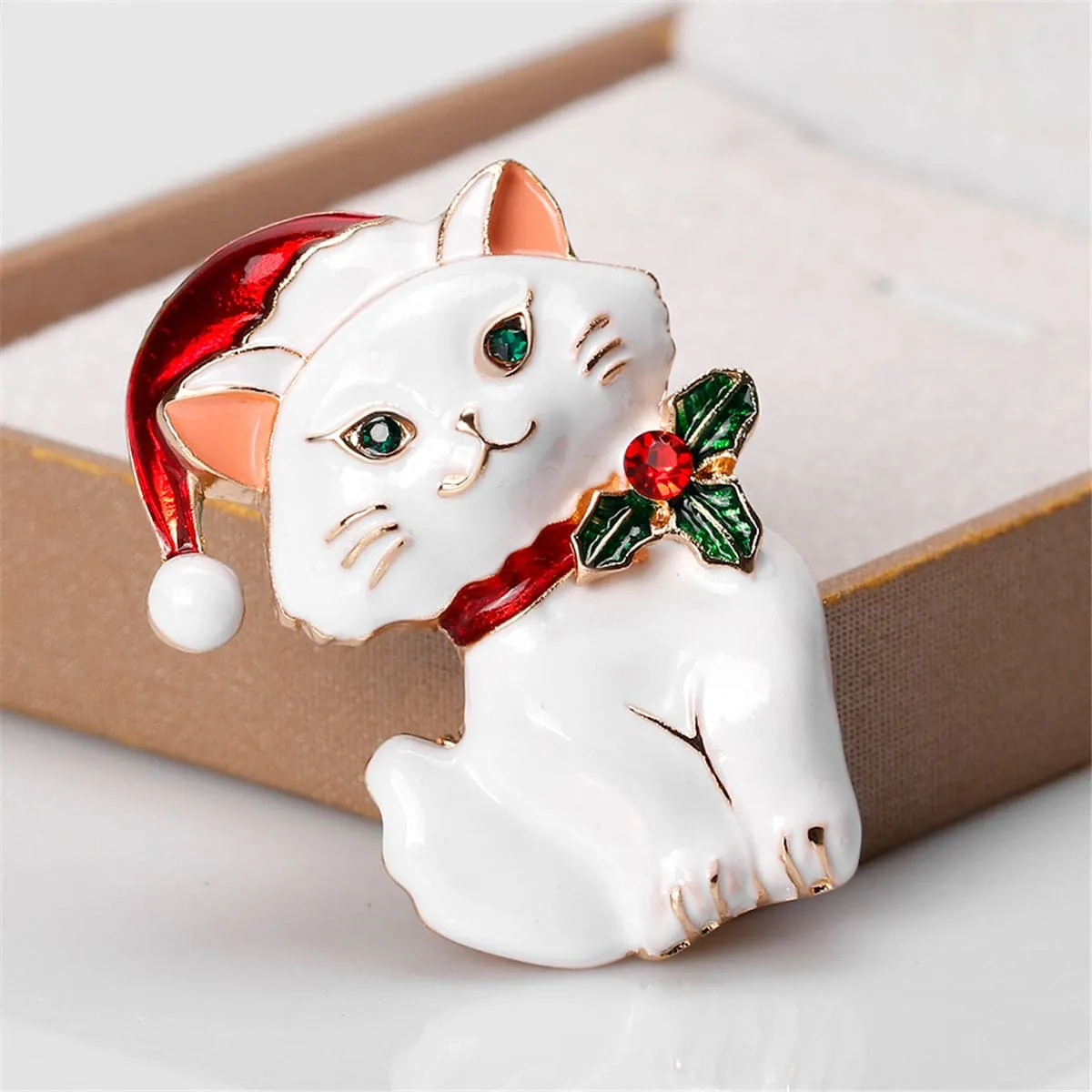 Green Cubic Zirconia & White Enamel Cat Brooch