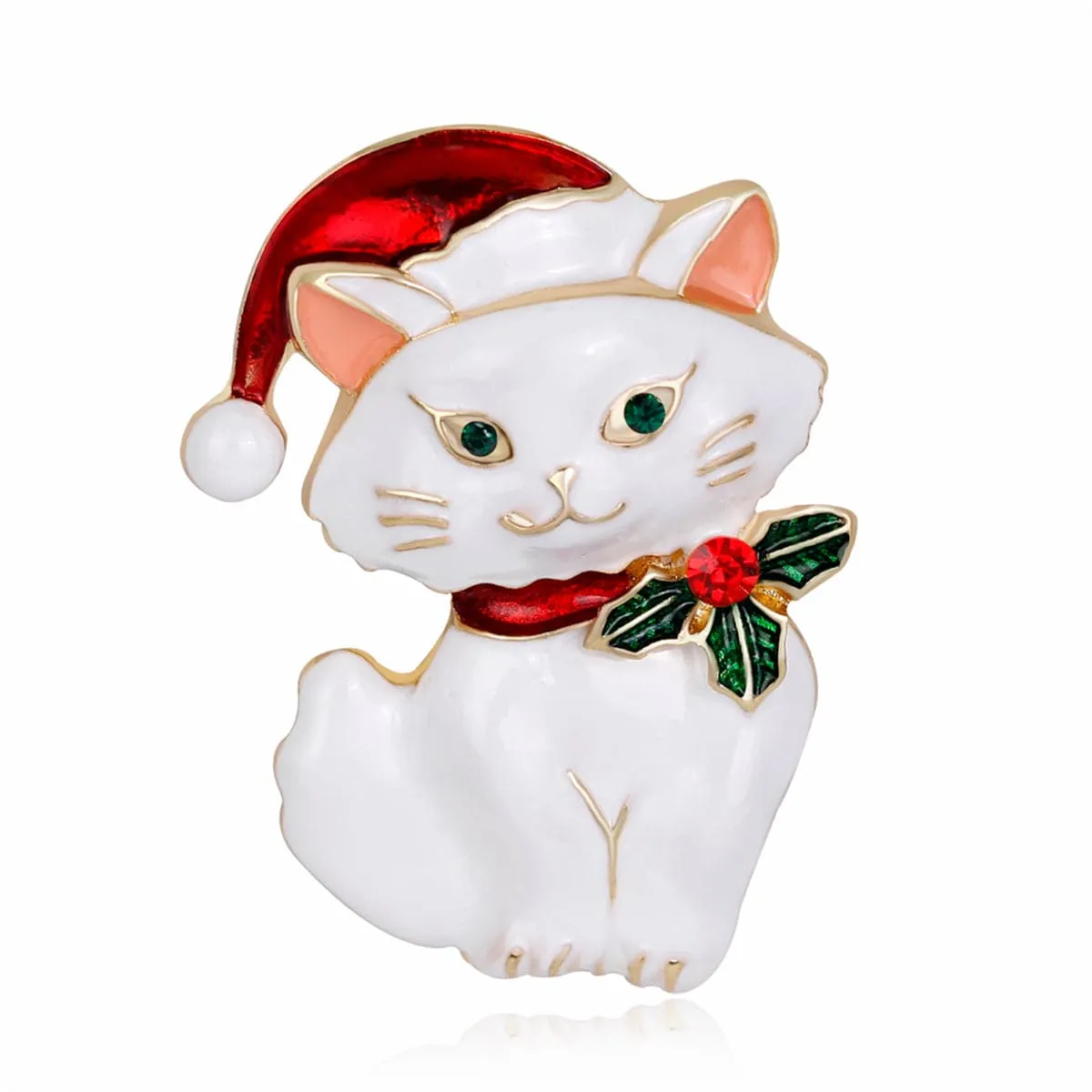 Green Cubic Zirconia & White Enamel Cat Brooch