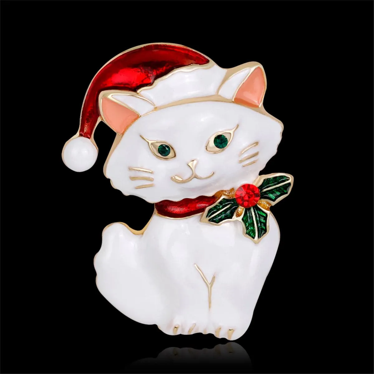 Green Cubic Zirconia & White Enamel Cat Brooch