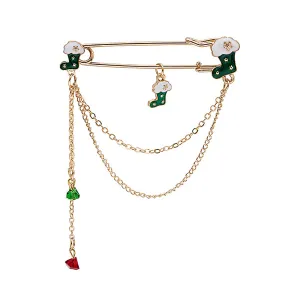 Green Enamel & Acrylic 18K Gold-Plated Stocking Pin Chain Brooch