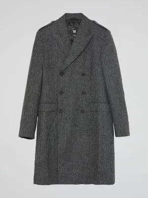 Grey Double-Breasted Tweed Trench Coat