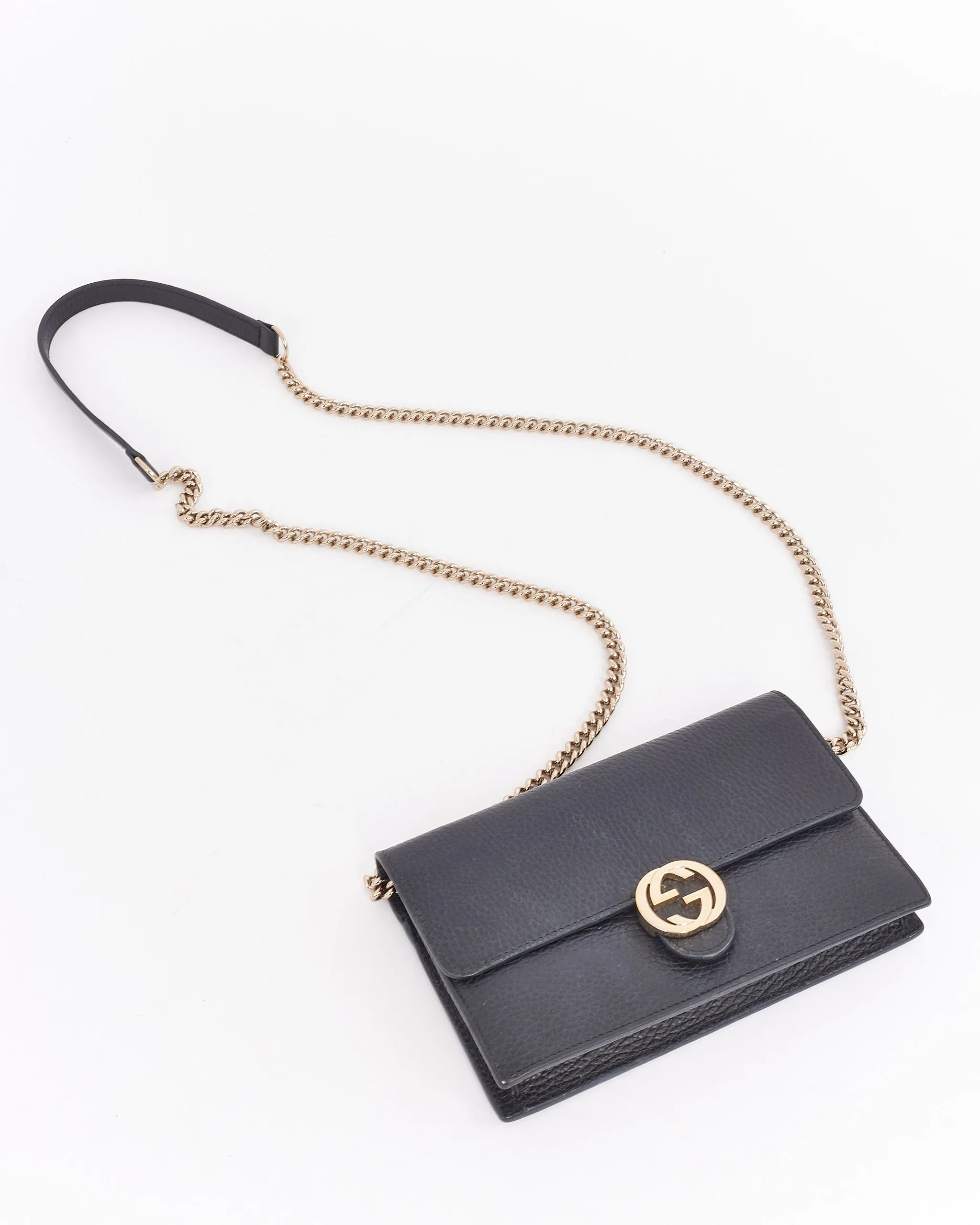 Gucci Black Grained Leather Dollar Interlocking G Wallet On Chain