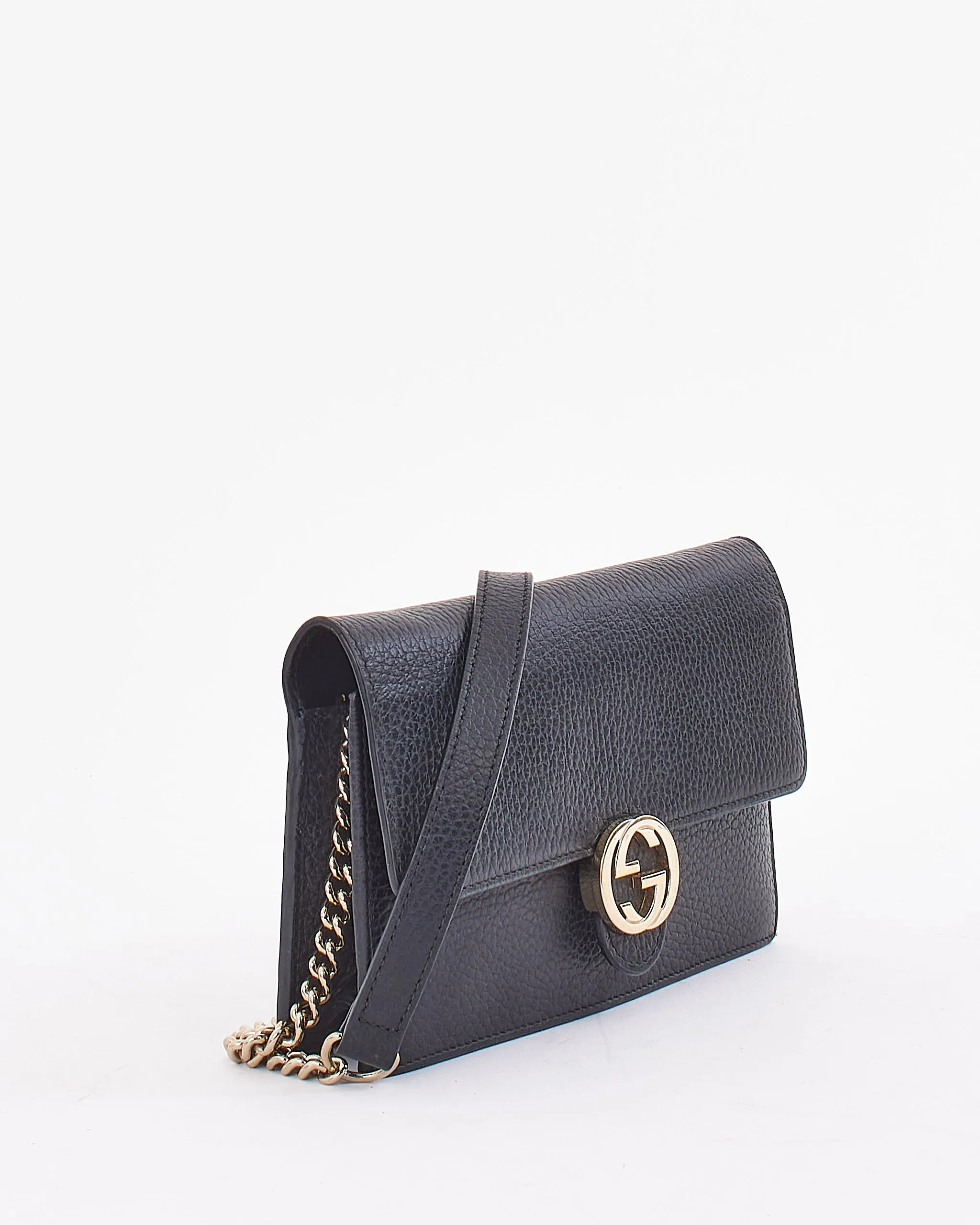 Gucci Black Grained Leather Dollar Interlocking G Wallet On Chain