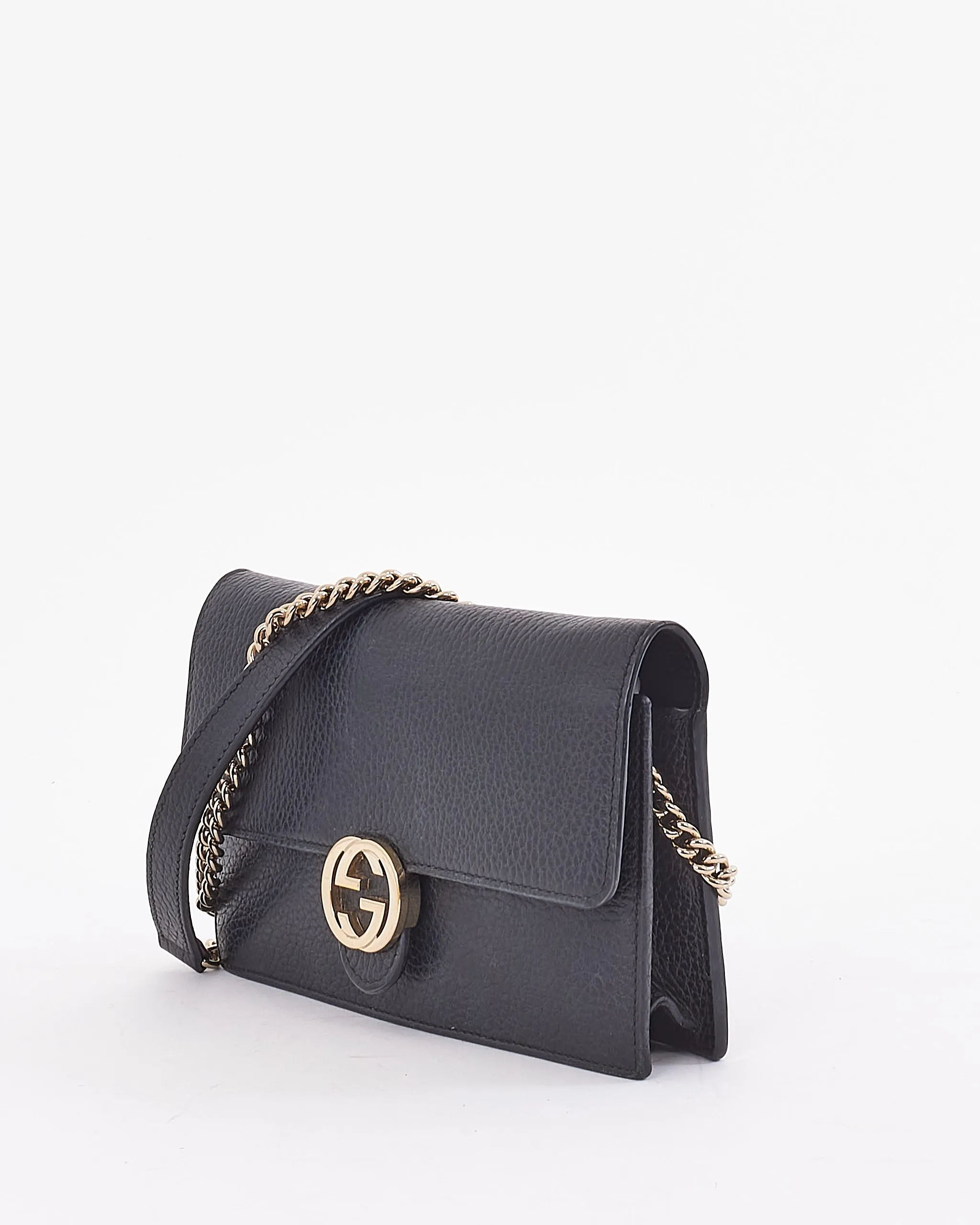Gucci Black Grained Leather Dollar Interlocking G Wallet On Chain