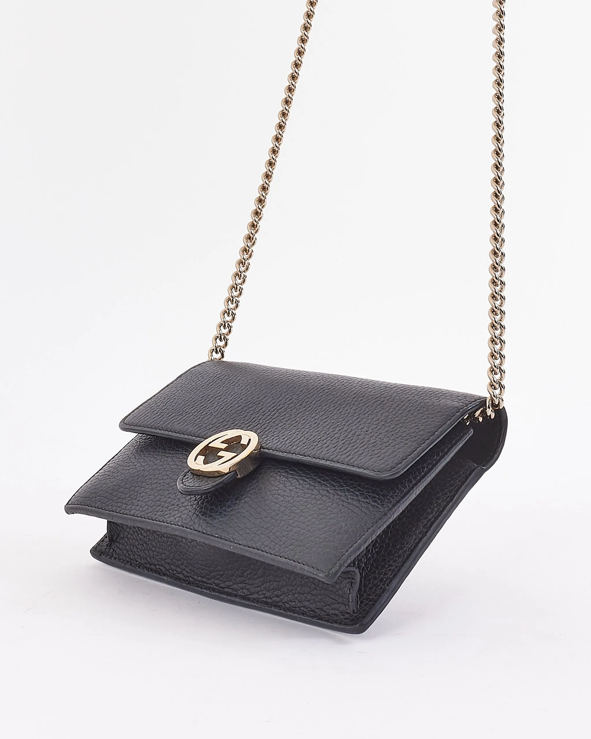 Gucci Black Grained Leather Dollar Interlocking G Wallet On Chain