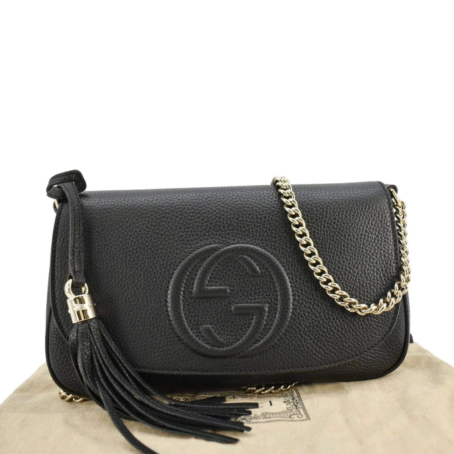 GUCCI Soho Flap Leather Chain Crossbody Bag Black 536224